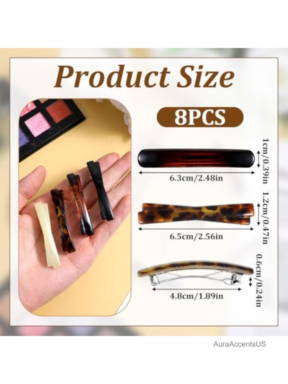 8 Pcs Tortoise Shell French Hair Barrettes for Women No Slip Acetate Clips - Picture 2 of 6